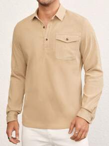 Manfinity VCAY 1pc Men's Slim Fit Casual Stand Collar Long Sleeve Shirt, Suitable For Autumn - Khaki - View 1