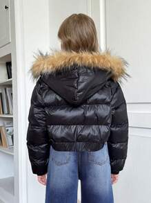 SHEIN Tween Girls 纯黑色冬季拼布蓬松连帽短款黑色棉服外套，秋冬思考者 - 黑色 - 查看 10