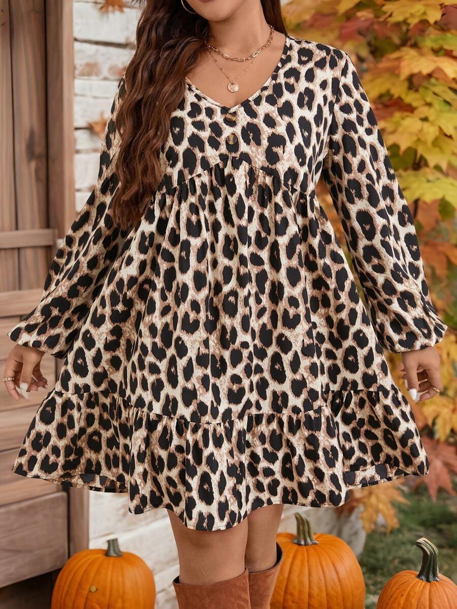 EMERY ROSE 大码豹纹灯笼袖休闲连衣裙，秋季感恩节装扮节日装扮节日派对连衣裙 - 彩色 - 查看 1