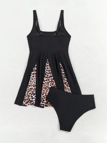 Swim Lushoire 2pcs/Set Women Crew Neck Printed Patchwork Tankini Top And Solid High Waist Swim Bottoms Bikini Tankini Summer - Multicolor - View 7