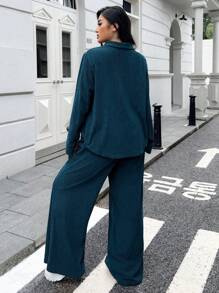 SHEIN EZwear Plus Size Women Solid Color Long Sleeve Buttoned Shirt And Wide Leg Pants, 2pcs Casual Loose Outfit - Blue - View 2
