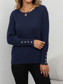 SHEIN Unity Plus Size Solid Color Scallop Trim Long Sleeve Casual Button Decor Sweater, For Winter Knit Pullover Fall - Navy Blue - View 4