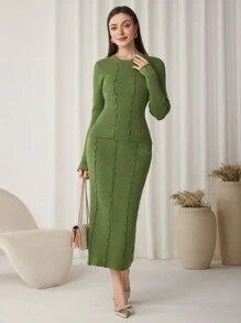 Modelyn 2pcs/Set Women Textured Fitted Elegant Knit Sweater Set 2 Pieces Set - Army Green - View 4