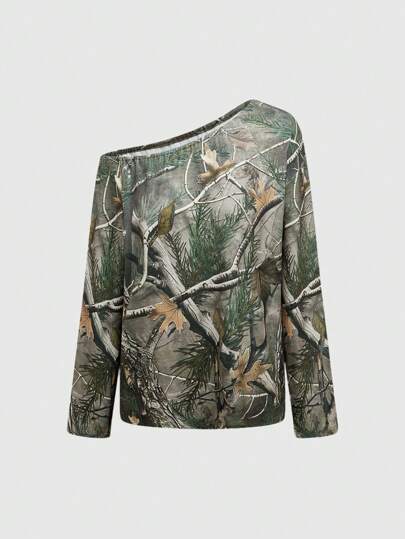 Grunge Punk Camiseta asimétrica de hombro ancha con estampado de hojas de camuflaje callejero estadounidense vintage