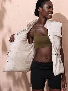 VARSITIE Fall Winter High Collar, Large Pockets, Waist Drawstring Buttoned Vest Women Sports Winter Coats - Apricot - View 1