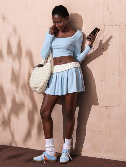 VARSITIE 秋冬方领、长袖、修身、收腰、撞色褶皱女式运动套装