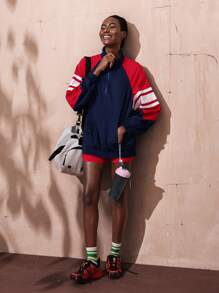 VARSITIE Chaqueta deportiva informal suelta de mujer con estampado de rayas y contraste de colores - Azul - Ver 5