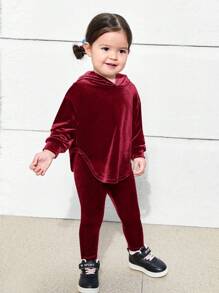 SHEIN 2 件套女宝宝毛绒户外时尚连帽套装 - 酒紅色 - 查看 17