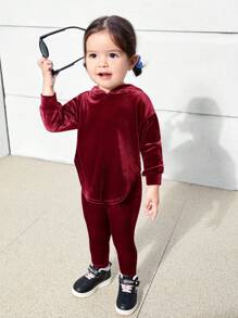 SHEIN 2 件套女宝宝毛绒户外时尚连帽套装 - 酒紅色 - 查看 16