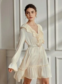 Aveloria Rosie 优雅复古夸张荷叶边腰泡泡袖喇叭长裙女式迷你连衣裙度假装女士 - 米色 - 查看 6