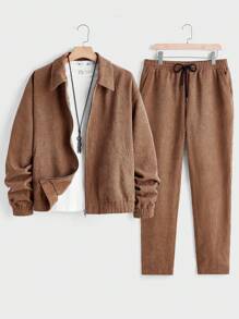 Manfinity VCAY 2pcs Men's Woven Collar Button-Up Long Sleeve Casual Jacket & Pants Set - Brown - View 1