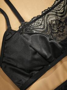 Charlaine Conjunto de lencería cómoda con encaje en contraste para mujer - Negro - Ver 4