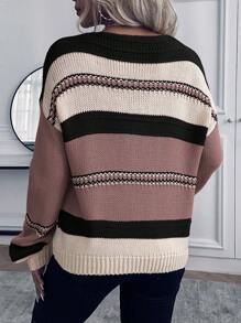 SHEIN LUNE 撞色V领休闲套头毛衣，针织套头衫，秋冬款 - 彩色 - 查看 2