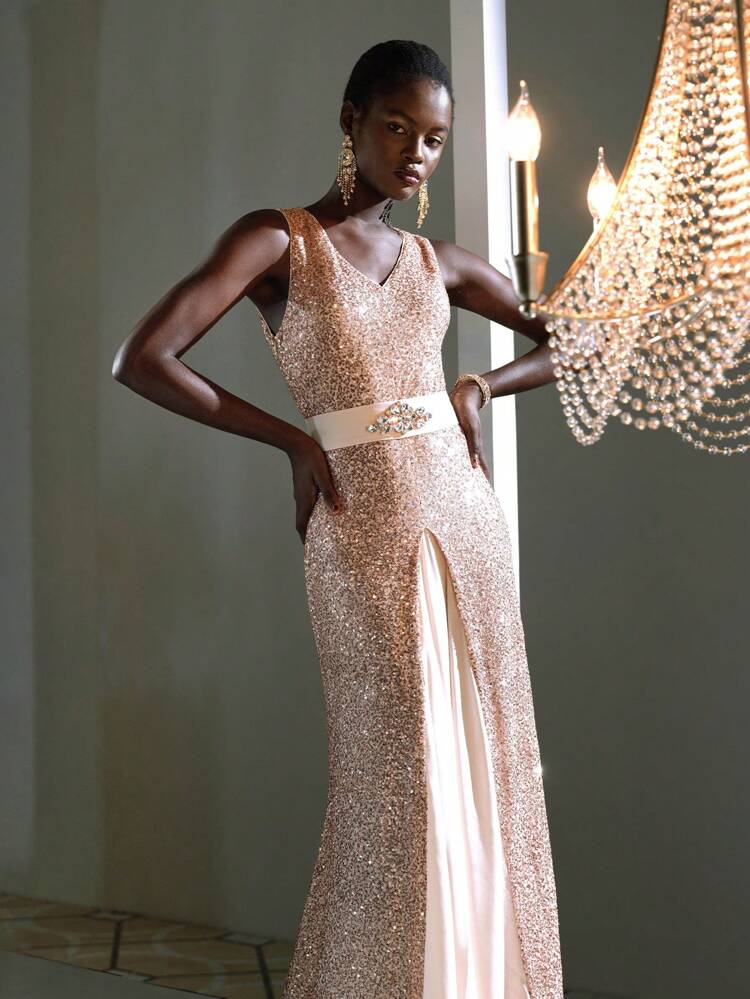 The Great Gatsby x MOTF SEQUINS V-NECK RHINESTONE WAIST COLORBLOCK