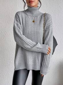 SHEIN Unity 女士纯色高领落肩长袖宽松休闲套头毛衣，秋冬针织套头衫 - 灰色 - 查看 7