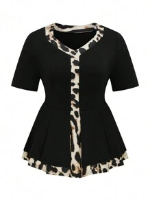SHEIN Clasi Plus Size Solid Color Patchwork Short Sleeve Top And Skirt 2 Pieces Set - Multicolor - View 3