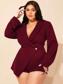 SHEIN BAE Plus Size Fall Button Detail Wrap Romper Elegant Sexy Jumpsuit - Burgundy - View 6