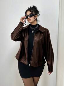 Vibekara Plus Size Open Front Zipper Solid Color PU Leather Lapel Long Sleeve Jacket, For Winter Fall Cloth For Women Autumn - Coffee Brown - View 1