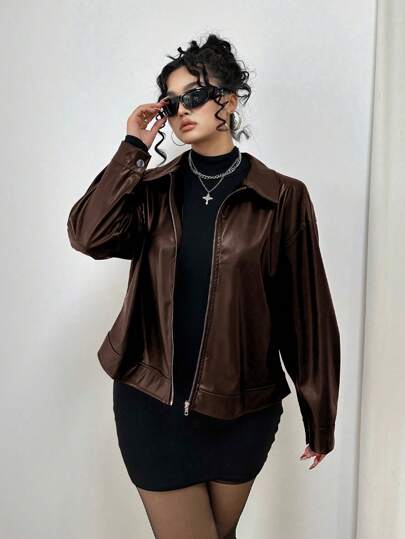 Vibekara Plus Size Open Front Zipper Solid Color PU Leather Lapel Long Sleeve Jacket, For Winter Fall Cloth For Women Autumn