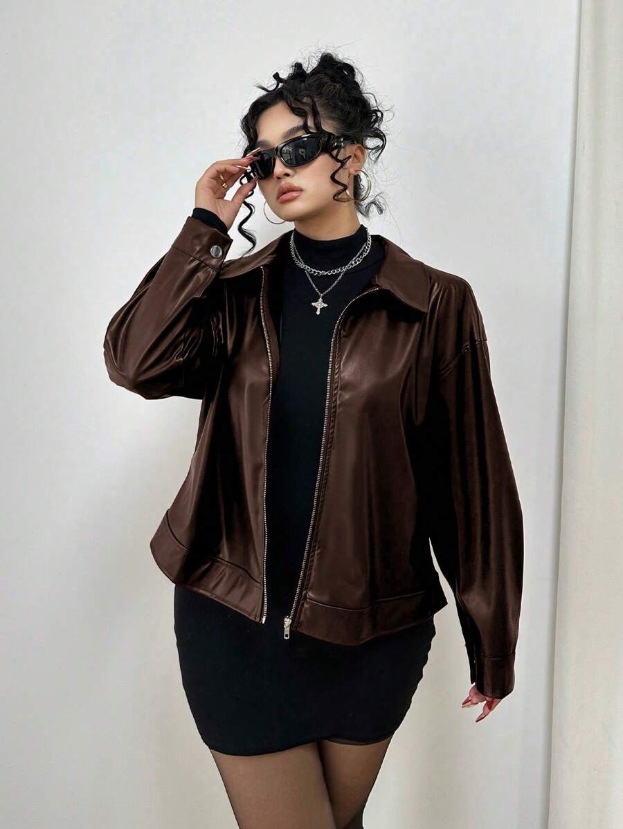 Vibekara Plus Size Open Front Zipper Solid Color PU Leather Lapel Long Sleeve Jacket, For Winter Fall Cloth For Women Autumn - Coffee Brown - View 1