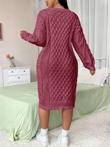 Flirla 大码杏色毛衣裙，简约时尚休闲日常穿着，冬季 - 酒紅色 - 查看 2