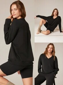 GLOWMODE Modal Silky Smooth Oversized V-Neck Hip Length Long Sleeve Sweatshirt With Thumbholes Daily Casual  Spring Summer - Black - View 7