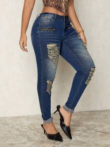 SHEIN SXY Women's Zip Design Ripped Skinny Fit Casual Versatile Jeans - Blue - View 5