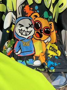 SHEIN Tween Boys Casual Street Style Oversized Graphic Round Neck Short Sleeve T-Shirt And Shorts Set, Suitable For Commuting, School, Everyday Casual Wear, Sports, Spring & Summer - Black - View 3