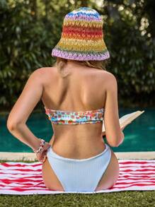 Swim Mod 2pcs Women Bandeau Allover Print Bikini Set With Tie Front Top And Bottom Summer