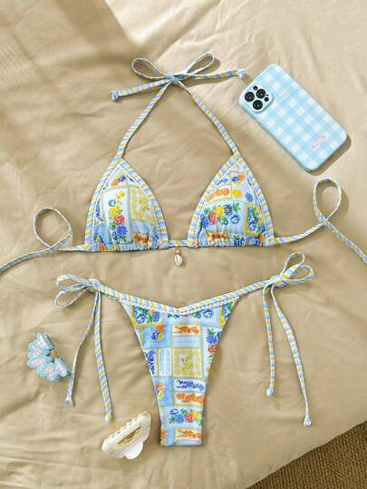 Swim Mod Women's Summer Random Floral Print Cute And Romantic Halter Triangle Bikini Set