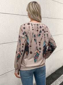 SHEIN LUNE Feather Print Drop Shoulder Sweatshirt,Long Sleeve Tops In Fall/Winter - Multicolor - View 2