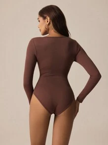 Lifespree Seamless & Stretchy Women Simple Fashion Casual Everyday Zipper Bodysuit - Brown - View 2