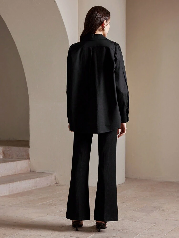 Embellished Pearl & Sequin Accent Oversized Blouse, Unique Design & Feminine Vibe, Long Sleeve Button Up Shirt For Women