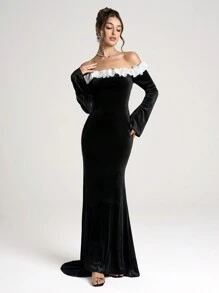 SHEIN Belle 女士露肩花卉图案修身及地晚礼服，优雅宴会，黑色长袖正式舞会礼服，适合婚礼嘉宾、毕业典礼、晚宴 - 黑色 - 查看 5