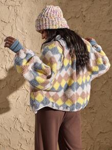 VARSITIE High Neck Long Sleeve Pocket Print Fluffy Colorblock Loose Casual Jacket