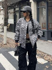 Muchica Dwustronny, dwustronny, ocieplany płaszcz baseballowy z nadrukiem w panterkę i jednolitym kolorem dla kobiet, jesień/zima - Czarne - Zobacz 7