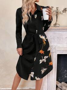 EMERY ROSE Vestido elegante de manga larga hasta la pantorrilla con botones en la parte delantera, cinturón y estampado floral para mujer