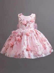 SHEIN Glamorique Kids Partywear 4-seizoenen meisjes jong meisje bloemenmeisje trouwjurk, roze V-rug mesh tule prinsessenjurk, mooie zoete kerstjurk