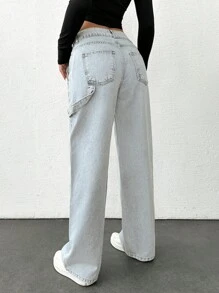 Cottnline HIGH WAIST WIDE LEG SLANT POCKET DETAIL Y2K STYLE JEAN - Light Wash - View 2