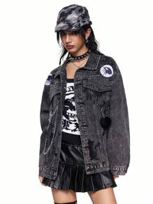 ROMWE Grunge Punk Grunge Punk Distressed Rock Band Party Denim Jacket With Washing, Chain, Embroidered Spider, And Fuzzy Star Eyes Decor, Oversized For Women