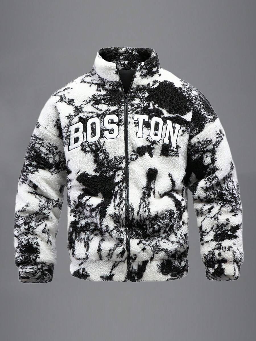 Manfinity Homme Fleece Stand Collar Letter Embroidered All-Over Print Zip-Up Sweatshirt Hoodie - Black - View 1
