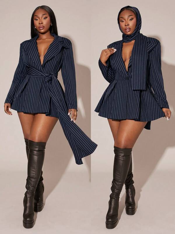 SHEIN SXY Plus Size Women's Multi-Style Suits Deep V-Neck Long Sleeve Ruffle Hem Fitted Blazer (With Belt), Suitable For Fall & Winter, Business, Date Night, Birthday, Bachelorette Party Outfit, Cute, Casual, Shopping, Streetwear, Going Out, Easy To Match & Looks Slim, Accent Your Body, Flatter The Figure