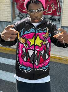 Manfinity Dauomo 街头风格彩色卡通涂鸦印花男士黑色连帽衫 - 黑色 - 查看 5