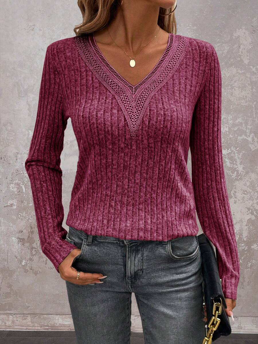 EMERY ROSE V Neck Floral Lace Embellished Neckline Brushed Rib Casual Eleagnt Women T-Shirt For Spring/Fall - Red Violet - View 1