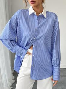 Chiquease [INS] 条纹拼布长袖女士办公室衬衫 - 藍色 - 查看 3