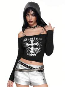 ROMWE Grunge Punk Y2K Sexy Skull & Cross Print Metallic Silver Graphic Cropped Off Shoulder Hooded T-Shirt - Black - View 7