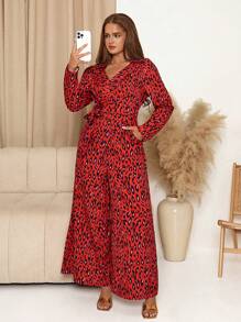 SHEIN Clasi Fashion Leopard Print Wrap Long Sleeve Palazzo Jumpsuit, Autumn Winter Women Clothes Red Jumpsuit Elegant Women Dresses Red Jumpsuit Red Women Jumpsuit New Years Women Outfit Cheetah Print