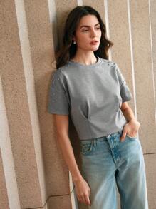 Anewsta Commuting Style Rhinestone Embellished Black Fitted Knit Top For Women - Grey - View 3