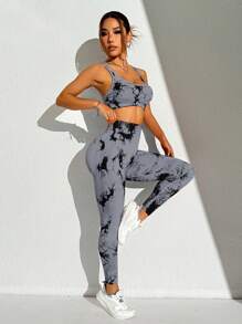 Slayoga Conjunto esportivo sem costura de alta elasticidade com tie-dye (estampa aleatória) Conjunto de treino feminino Conjunto de leggings feminino