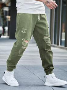 Manfinity LEGND Men's Front Lace-Up Pocket Distressed Simple Casual Jeans - Army Green - View 3